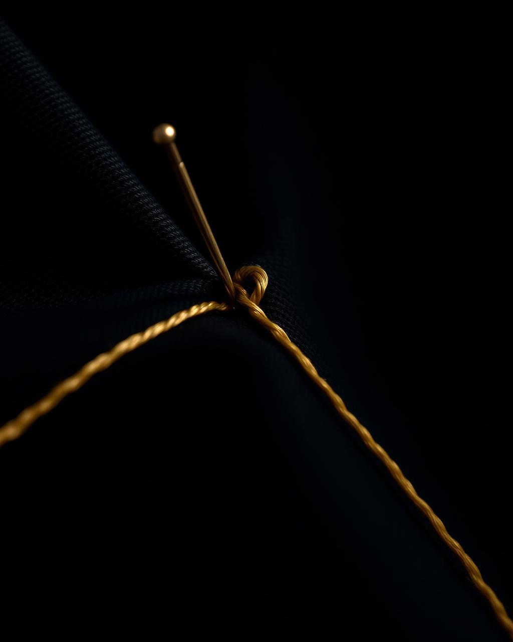 Golden thread being stitched through black silk — the craft behind every MeshCouture garment
