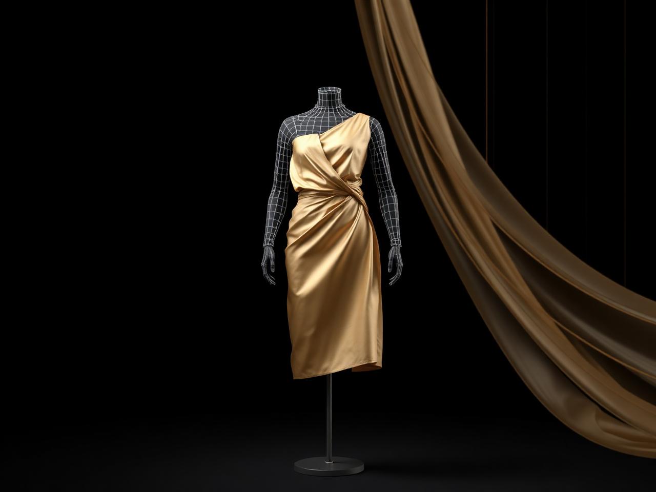 A champagne silk dress half in wireframe, half fully rendered — the MeshCouture 3D garment design process