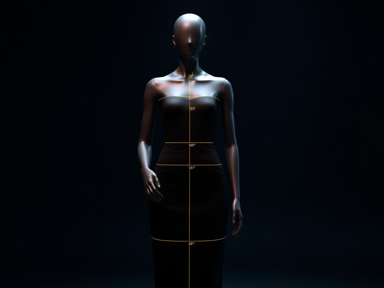A digital fitting avatar with gold measurement lines wearing a black dress — MeshCouture digital fitting