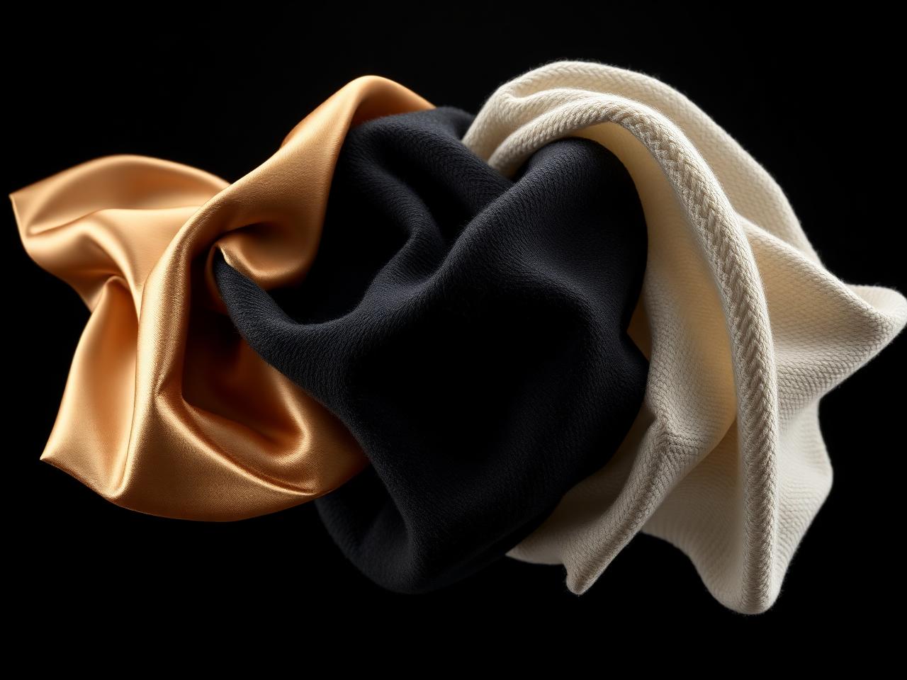 Floating digital fabric swatches in silk, wool, and knit — virtual sampling at MeshCouture