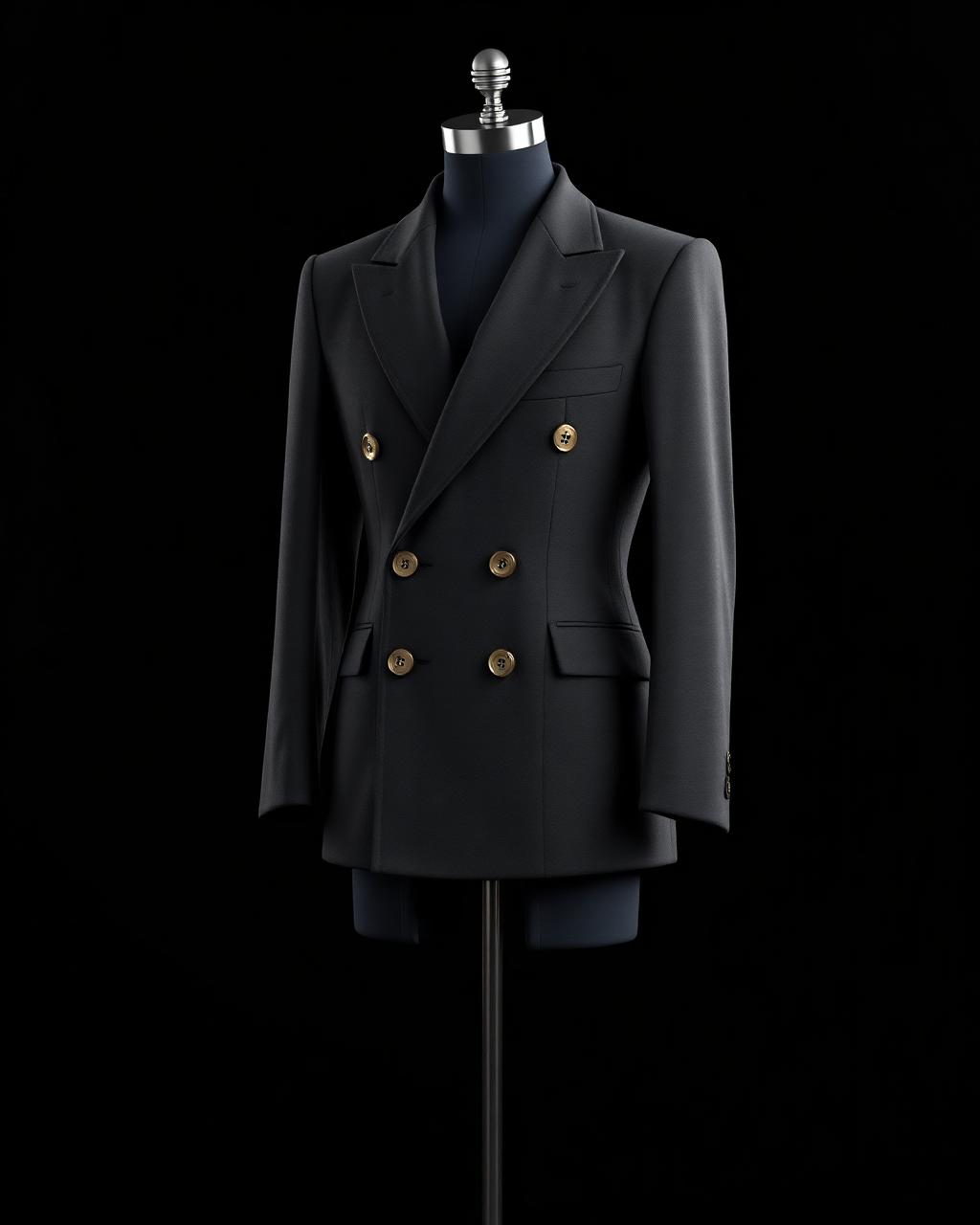 Photorealistic 3D render of a tailored charcoal double-breasted blazer with gold buttons