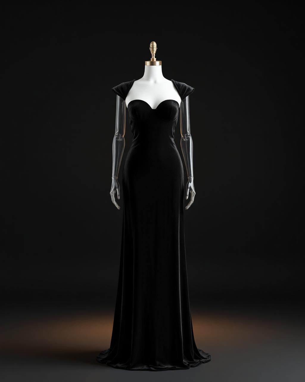 Photorealistic 3D render of a sculpted black velvet evening gown designed by MeshCouture