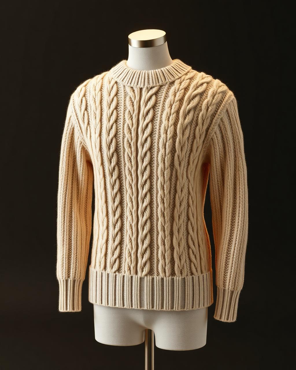 Photorealistic 3D render of an ivory cable-knit sweater with visible yarn fibers