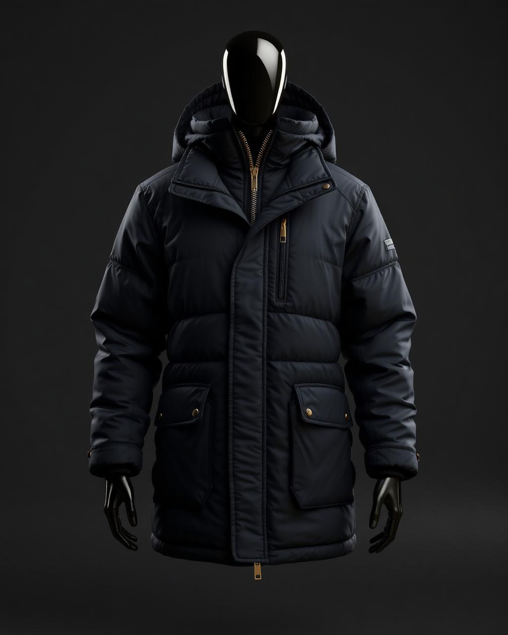 Photorealistic 3D render of a quilted matte black technical parka with gold hardware